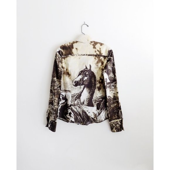 Vtg 00s Y2K Just Cavalli Beige Brown Western Long Sleeve Button Down Shirt Small - Picture 2 of 3